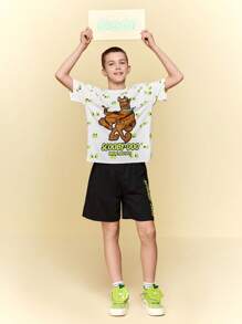 SCOOBY-DOO X SHEIN 青少年男孩卡通眼睛图案白色休闲百搭短袖 T 恤和黑色宽松短裤套装，夏季 - 黑與白 - 查看 8