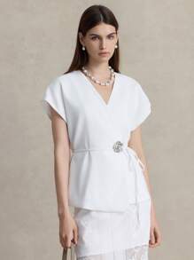 Briarwyn Women's Solid Color Overlap V-Neck Batwing Short Sleeve Lightweight Jacket Summer Fall Women Clothes Old Money Clothes Business Casual Woman All White Party Women Going Out Tops Women