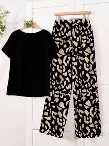 EMERY ROSE 2pcs/Set Women Plus Size Leopard Print T-Shirt And Pants, For Vacation,Two Piece Set Women - Multicolor - View 2