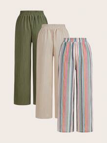 SHEIN Essnce 3 件套女士休闲系腰口袋直筒裤套装，条纹面料，凉爽穿着，轻松舒适，休闲穿着，波西米亚风格，适合夏季 - 彩色 - 查看 2