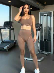 Innovista 金属闪光健身运动紧身裤高腰 V 腰提臀日常运动休闲瑜伽 HIIT 训练办公室健身房高弹力紧身裤运动裤舒适运动功能网眼面板透气镂空深蹲防走光裤 - 卡其色 - 查看 7