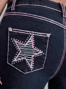 ROMWE Avant Women's Distressed Vintage Leopard Star Rhinestone Y2K Bling Skinny Flare Jeans - Navy Blue - View 4