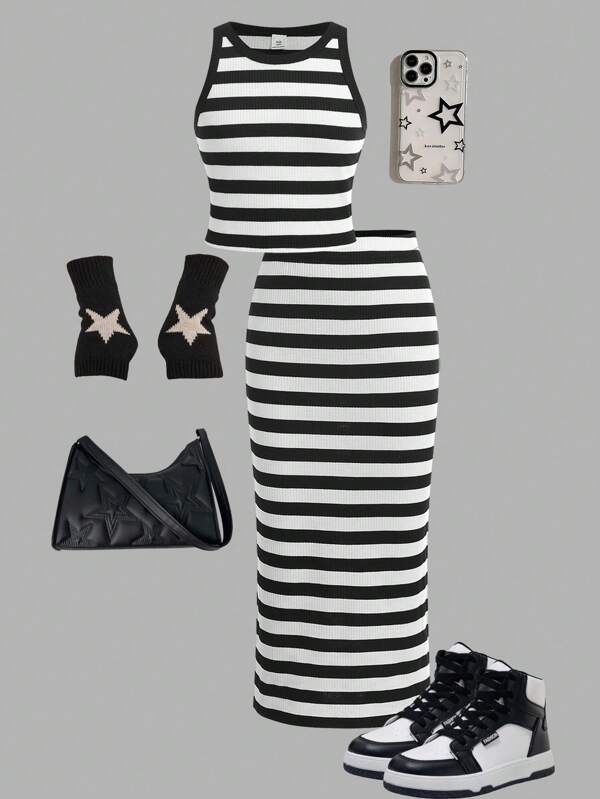 SHEIN Girlism Conjunto informal de niña pre-adolescente de top acanalado cómodo y elástico de cuello redondo a rayas en blanco y negro y falda larga a juego, con estilo vintage clásico y minimalista.
