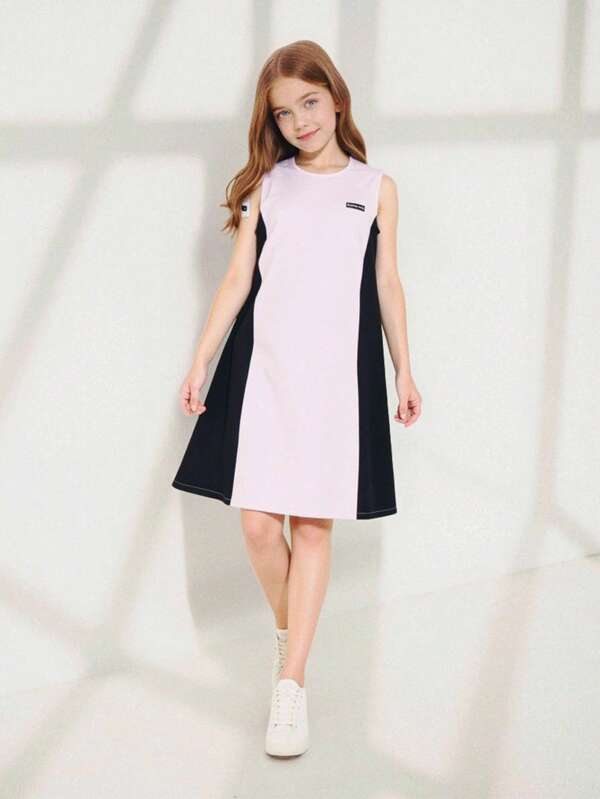 SHEIN Explorewe Tween Girls' Casual Colorblock Sleeveless Dress, Summer Casual Girl Dresses