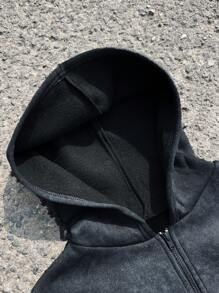 SHEIN Chaqueta con capucha de estilo callejero informal con lavado ácido y talla grande para niño preadolescente, manga larga, adecuada para ir y venir, la escuela, uso diario y deportes, apropiada para otoño e invierno, chaqueta con cremallera para niños, chaqueta con cremallera para adolescentes en otoño