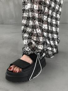 FRIFUL Pantalones de pierna ancha con estampado a cuadros en contraste y cordón ajustable en la cintura para mujer