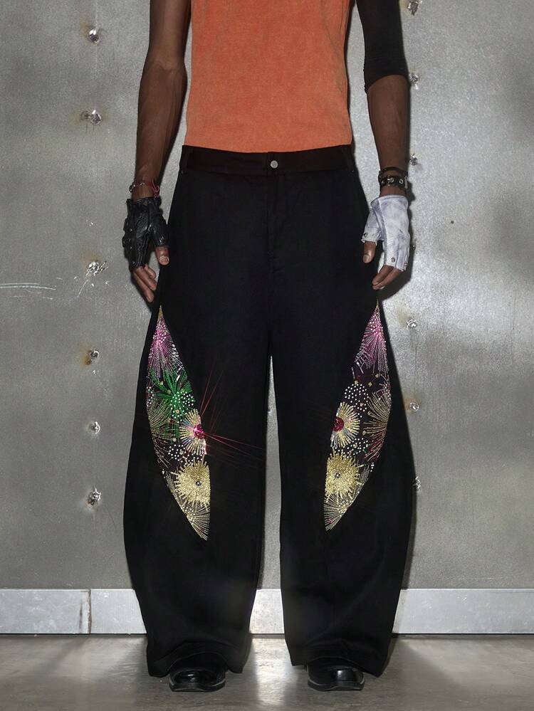 Men's Street Style Woven Denim Pants With Beaded Embroidered Floral Details, Long Length