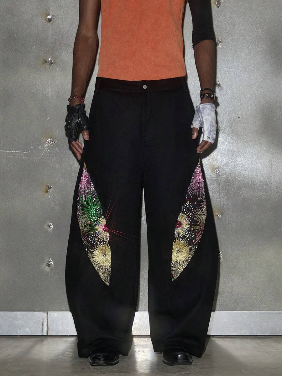 NEON BLANC 男式街头风格长款梭织牛仔裤，饰有串珠刺绣花卉图案