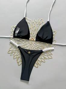 Swim Mod 女款新款V領金屬裝飾純色掛脖露背三角比基尼套裝，性感丁字褲泳衣，春/夏季 - 黑色 - 查看 3