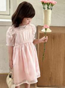 SHEIN Little Byeori Young Girls Ruffle Sleeve Princess Style Dress Lovely Pink Flared Dress For Short Sheer Polyester With Three-Quarter Sleeves - Pink - View 2