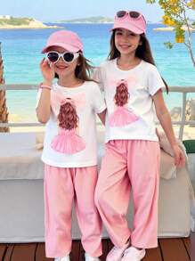 2pcs/Set Girls Casual Cute Cartoon Girl Print Round Neck Short Sleeve T-Shirt And Sports Long Pants, Summer Outfit 
Graphic T Shirt Girls Clothes Set - Pink - View 3