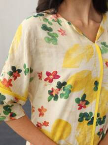 Lacomfia 女式 V 领 3/4 袖宽松荷叶边下摆花卉印花连衣裙，度假风格 - 黃色 - 查看 7