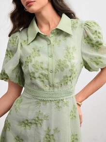 Modelyn 女式翻领腰带绿色刺绣连衣裙 - 綠色 - 查看 2