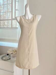 女士亚麻简约休闲无袖圆领迷你连衣裙，夏季演唱会服装，适合返校穿着 - 米色 - 查看 7
