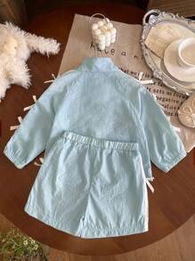 SHEIN 2pcs Baby Girl Casual Sports Style Morant Blue Outfit Set: Short Sleeved Jacket With Standing Collar + Shorts - Blue - View 4