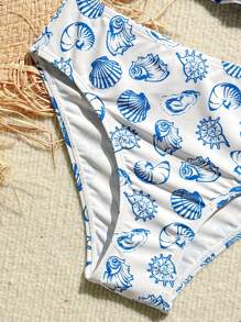 SHEIN Đồ bơi một mảnh họa tiết hoa nhỏ xinh xắn dành cho bé gái tuổi teen - Xanh và trắng - Xem 5