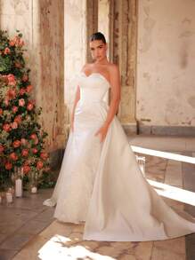 Glamrae Vestido largo elegante y lujoso con aplicaciones de encaje, bajo con volantes y cola, adecuado para boda, fiesta de compromiso, baile de graduación, vacaciones, gala formal - Beis - Ver 7