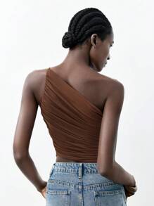 Maija 新款咖啡棕色不对称剪裁单肩系带褶皱女式上衣，春夏款 - 棕色 - 查看 3