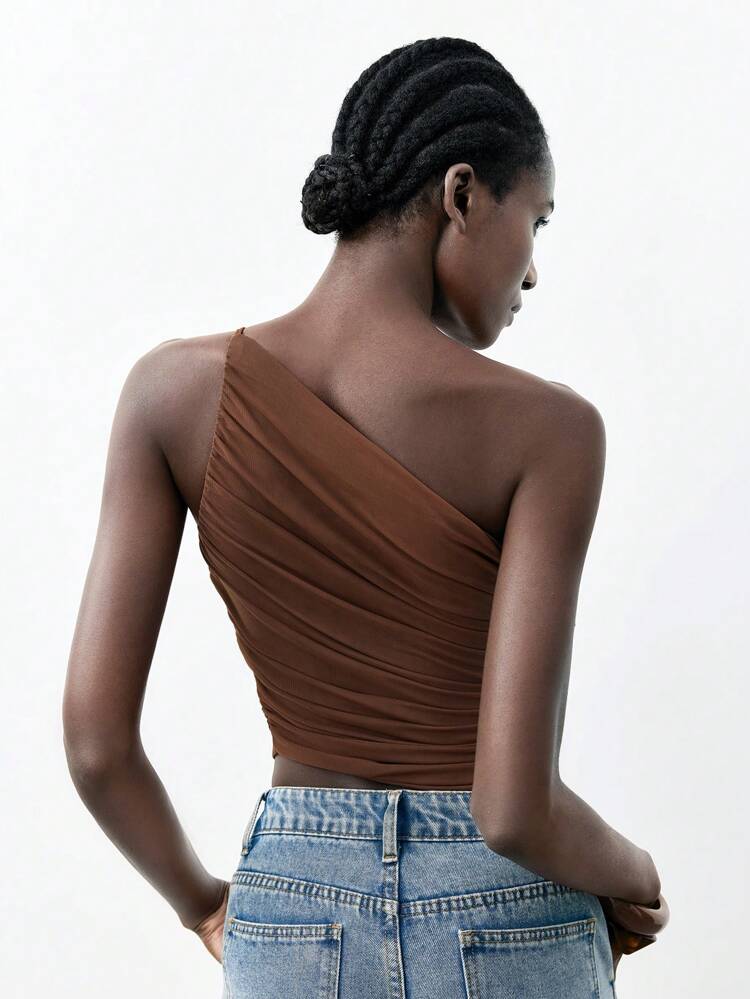 SHEIN Maija New Coffee Brown Asymmetrical Cut Asymmetric Design One Shoulder Tie-Up Ruched Women Top, Spring/Summer Women Easter Party Top Beach Holiday Brown Top Casual Travel Romantic, Fashion, Versatile; Suitable For Summer Vacation, Comfortable, Bohemian Style, Beach Wear, Simple Daily Wear, Country Style, Essential, Solid Color, Holiday Casual