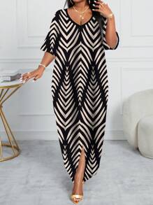 SHEIN Lady 大码女式树叶花卉印花休闲连衣裙，适合夏季 - 黑與白 - 查看 5