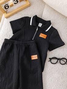 SHEIN 2 Stücke/Set süßer vielseitiger Collegestyle Poloshirt und Hose mit Gummibund für Kleinkind Jungen