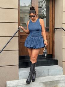 SHEIN EZwear Plus Size Women Sleeveless Backless Short Denim Dress - Light Wash - View 5