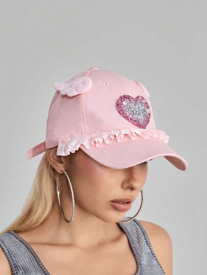 Kawaii Cute Y2K Sweet Heart Wing Design Lace Patchwork Pink Romantic Baseball Cap, Anime Cosplay Cap, Unique Minimalist Sun Protection Hat For Women