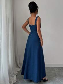 Elenzga 女式休闲无袖加长牛仔连衣裙，夏季 - 深色水洗藍 - 查看 2