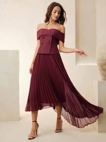 Anewsta Off-Shoulder Kleid mit geraffter Taille, französischer Stil mit Falten - Bordeaux - Übersicht 6