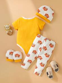 SHEIN 4pcs Baby Boys' Casual Daily Wear Basic Home Cute & Fun Lion Printed Bodysuit And Long Pants Set With Hat & Gloves, Spring/Summer - Yellow - View 2