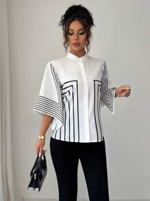 Elenzga Stand Collar Placement Digital Print Geometric Lines Asymmetrical Sleeve Opening French Elegant Shirt, Resort Wear Spring/Summer