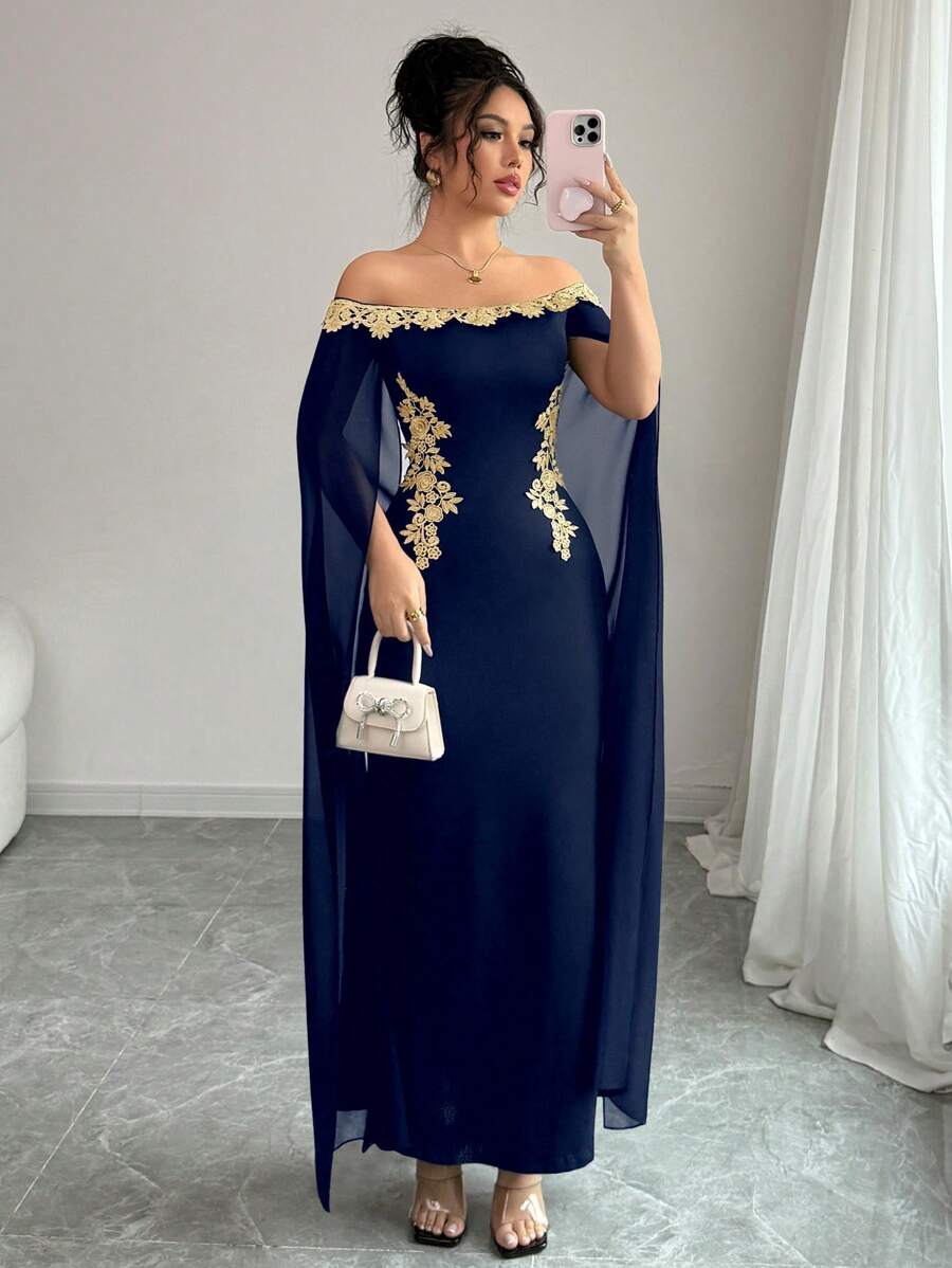 Rafferiza Váy maxi đuôi cá bó sát, ren vàng hở vai gợi cảm thanh lịch, đa năng, eo hở, đính hoa vàng, màu đen, dành cho nữ mùa xuân/hè - Màu xanh hải quân - Xem 1