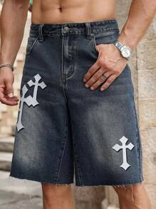 Manfinity Homme Men's Simple Print Casual Denim Shorts