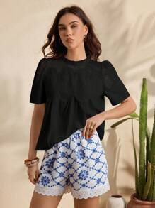 Uhlyne 女士时尚棉质短袖衬衫，圆领蕾丝拼接宽松休闲度假衬衫 - 黑色 - 查看 5