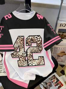 INAWLY 街头酷炫数码豹纹拼色运动大码女款T恤 - 白色 - 查看 1