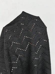 SHEIN LUNE Women's Black Eyelet Embroidery V-Neck Short Sleeve Top