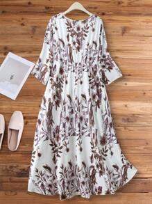 Linhara Crew Neck Knit Ditsy Floral Ruffle Hem Dress, French Elegant Vacation Elastic Waist, Fashion Ditsy Floral Dress