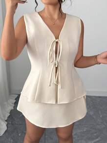 Elenzga Conjunto de 2 piezas de blusa elegante con moño y minifalda para mujer de talla grande, casual, de negocios, de vacaciones, vestidos de mujer, ropa de verano para mujer de talla grande, ropa formal para mujer, conjuntos blancos para mujer - Albaricoque - Ver 4