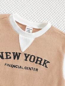 SHEIN 2 件套男童/女童休闲罗纹针织插肩宽松套头 T 恤和短裤，适合日常穿着，春夏季 - 卡其色 - 查看 3