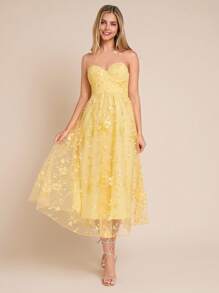 Amorya 女士优雅奶油黄色灯芯绒花卉刺绣露肩连衣裙（带胸罩杯） - 黃色 - 查看 8