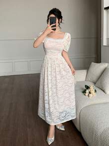 Modelyn Đầm midi thắt eo ren lãng mạn cho nữ, thanh lịch và thời trang - trắng - Xem 3