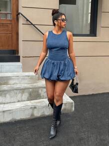 SHEIN EZwear Plus Size Women Sleeveless Backless Short Denim Dress - Light Wash - View 4