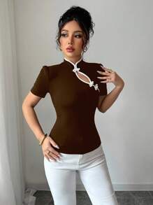 Elenzga Summer Women's Fitted Tencent Style Short Stand Collar T-Shirt