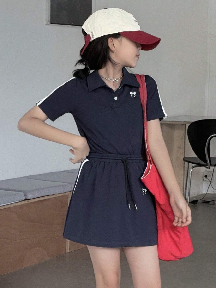 DAZY Tween Girls Knit Collar Bow Embroidered Short Sleeve Top+Skirt 2-Piece Set, Summer - Navy Blue - View 1