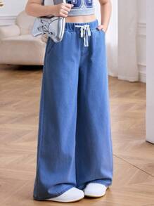SHEIN Tween Girl Summer Light Washed Drawstring Waist Wide Leg Casual Jeans For Daily Wear, Summer Stretchy Waist Comfortable Wide Leg Pants, Summer Beach Boho Vacation Casual, Rave Concert Festival Fall Winter - Medium Wash - View 3
