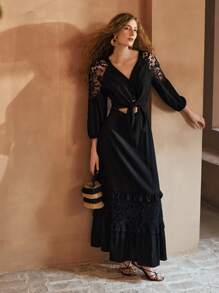 MOTF PREMIUM LINEN CONTRAST LACE CUT OUT DRESS - Black - View 5