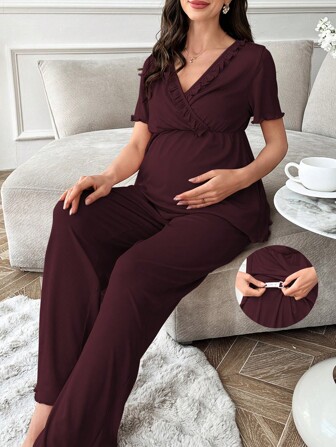 Solid Color V-Neck Ruffle Trim Short Sleeve Pants Maternity Loungewear Set Summer Sleep Wear Sets