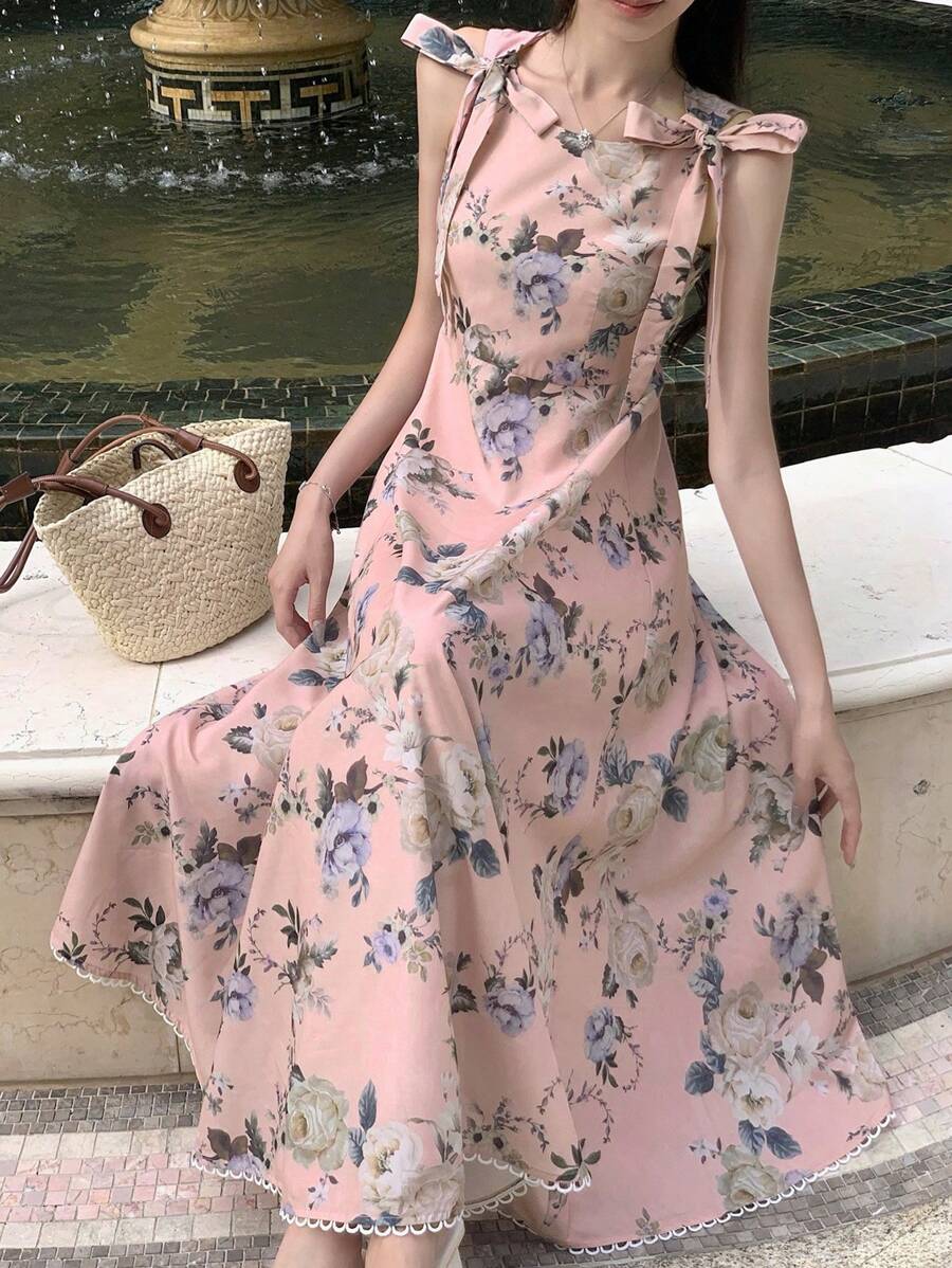 DAZY 女士优雅花卉蕾丝拼接系带中长连衣裙，夏季长款连衣裙 - 粉色 - 查看 1