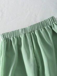 Tween Girl Mint Green Summer Tea Party Elegant V-Neck Short Sleeve Cropped Shirt & Elastic Waist Loose Chiffon Straight-Leg Outfit,Breathable Set - Green - View 4