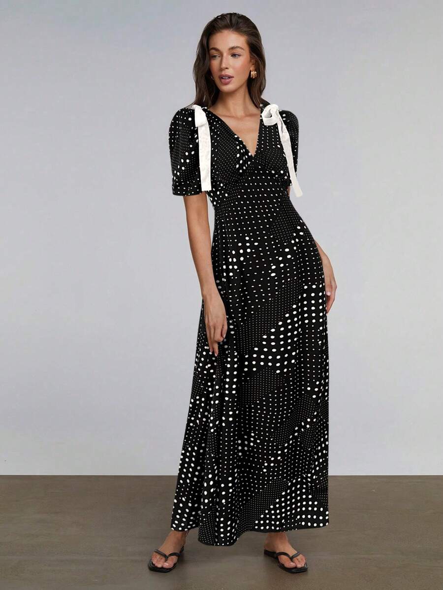 Athîral Polka Dot Print Tie Shoulder Dress - Black - View 1